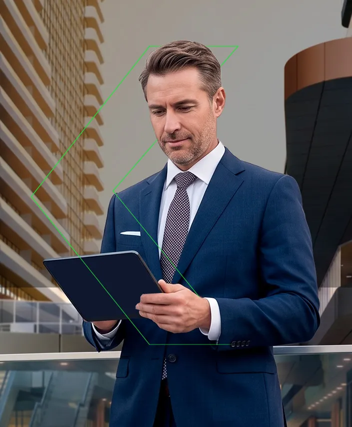 Hombre de traje azul usando una tablet en un entorno urbano moderno. Ideal para conceptos de negocios y tecnología.