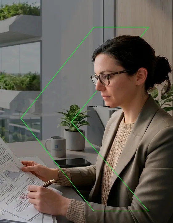 Profesional revisando documentos en una oficina moderna con plantas y luz natural.