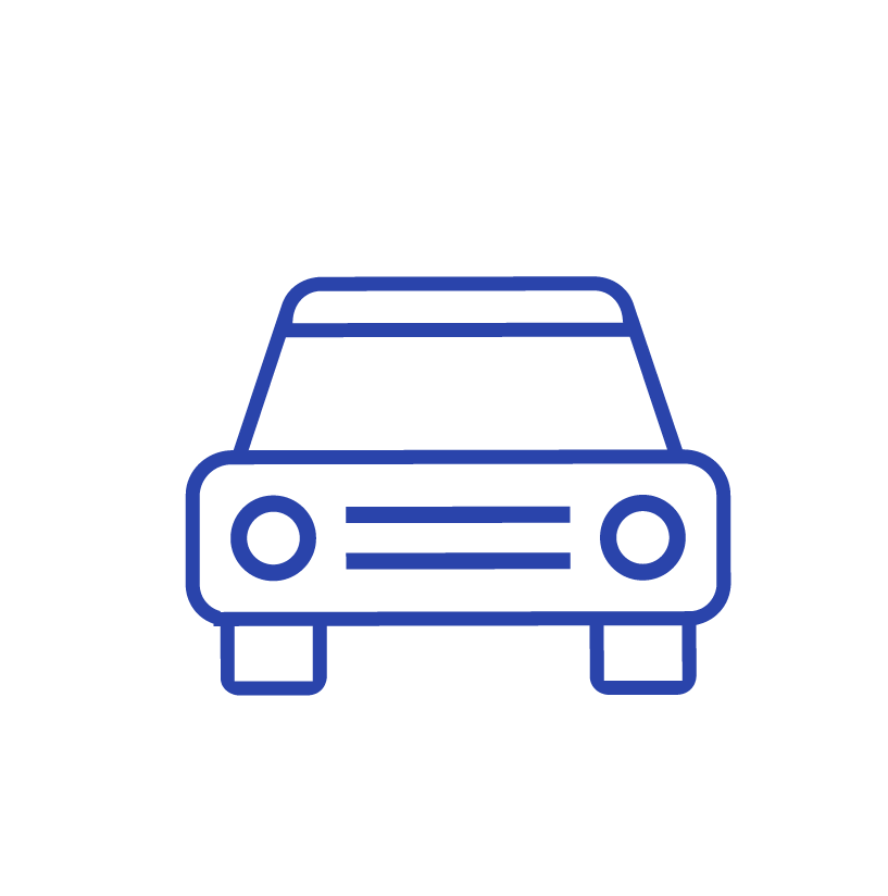 Icono de coche azul de líneas simples visto de frente, ilustrado en estilo minimalista.