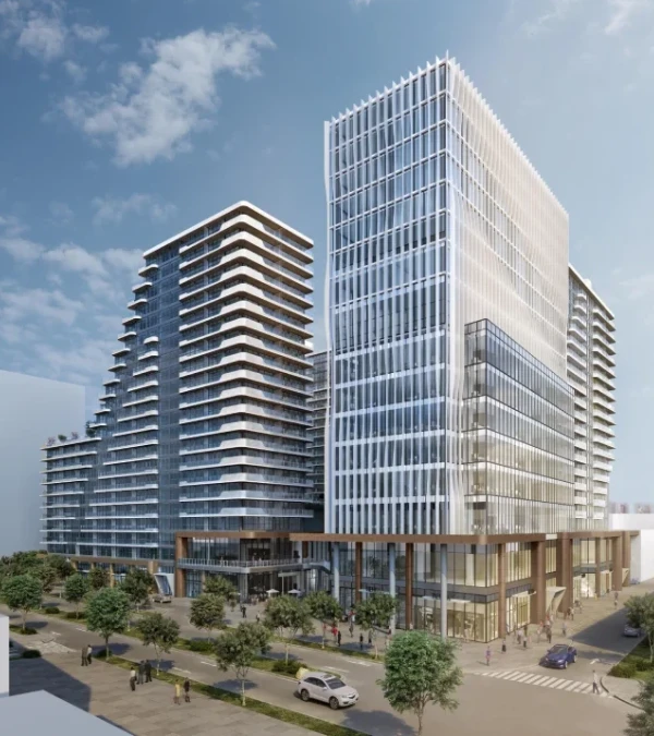 Dos modernos edificios de vidrio y acero en una ciudad, rodeados de árboles y transeúntes en el día.