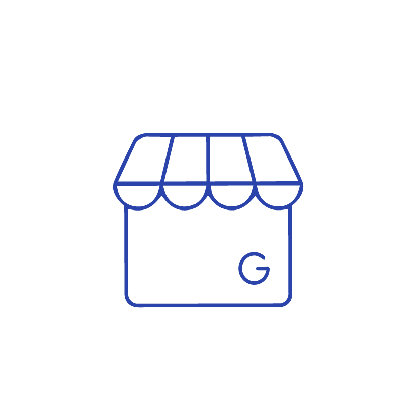 Icono de tienda con toldo azul y letra G, simboliza Google Business.