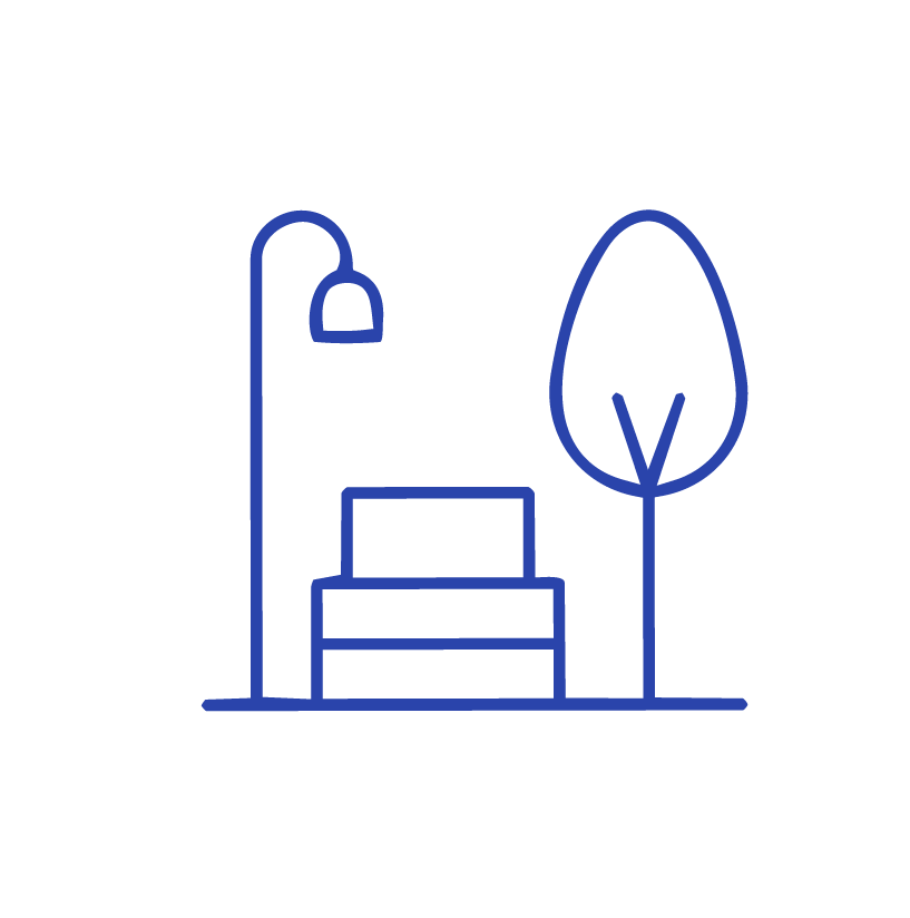 Dibujo de un parque sencillo con un banco, farola y árbol. Ideal para conceptos urbanos o de diseño de exteriores.