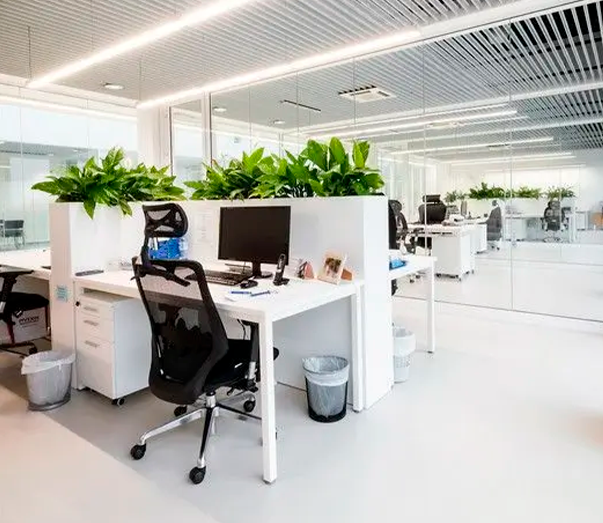 Oficina moderna y luminosa con escritorios blancos, sillas ergonómicas y plantas decorativas, ideal para trabajar.