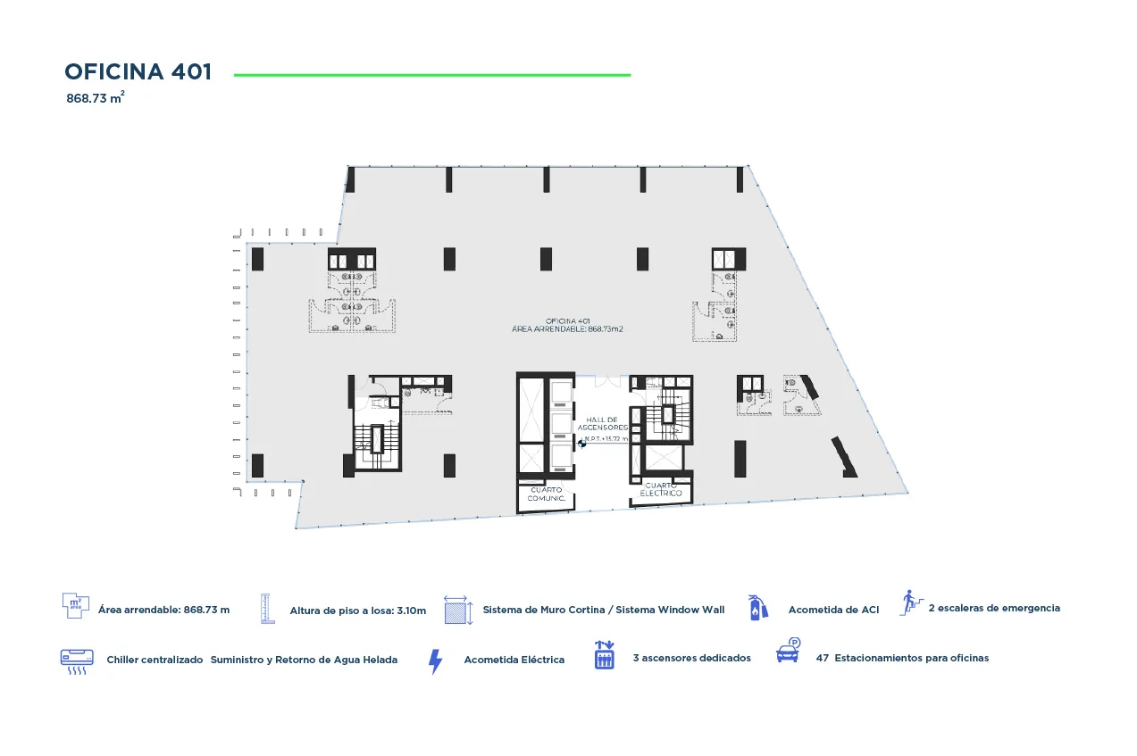 Plano de la oficina 401 con 868.73 m², muestra distribución de espacios, baños, hall de ascensores y áreas comunes.