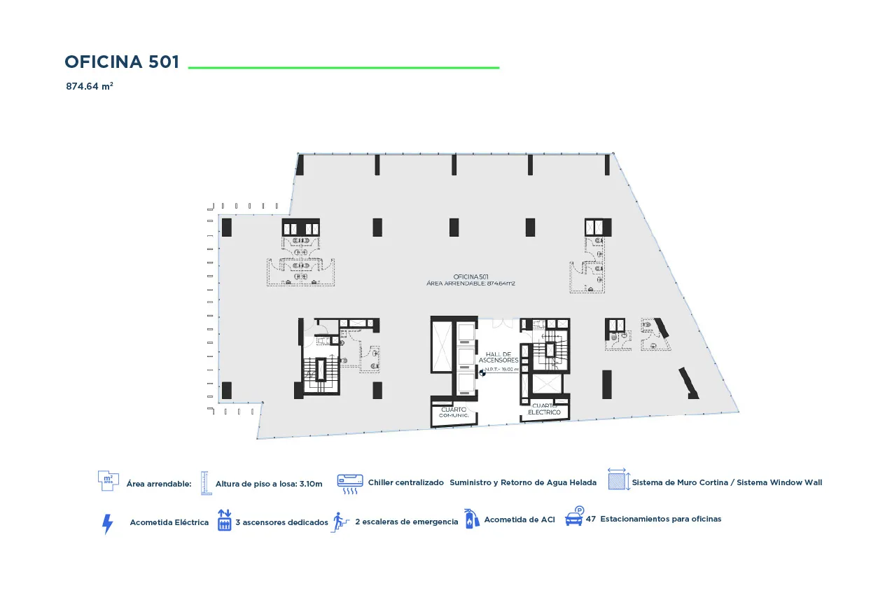 Plano de la Oficina 501, área arrendable de 874.64 m², con distribución de áreas comunes y servicios.