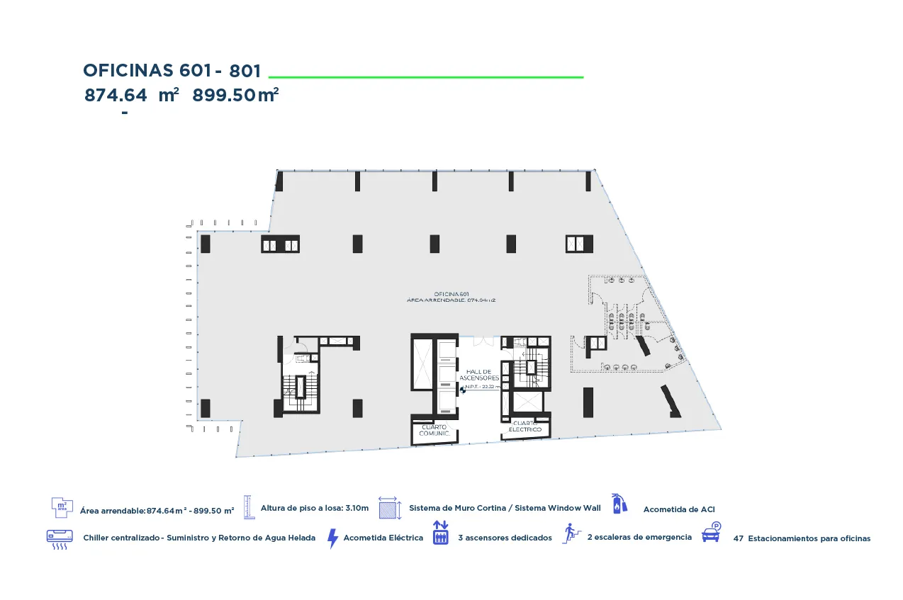 Plano de oficinas 601-801, área de 874.64 a 899.50 m², con ascensores y escalera de emergencia.