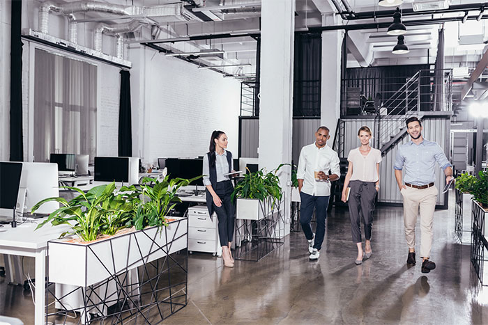 Equipo profesional caminando por una oficina moderna con plantas y espacios de trabajo. Ambiente colaborativo.