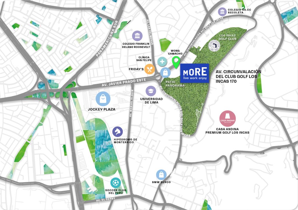 Mapa de ubicación de mORe, cerca del Club de Golf Los Incas y otros puntos de interés en Lima.