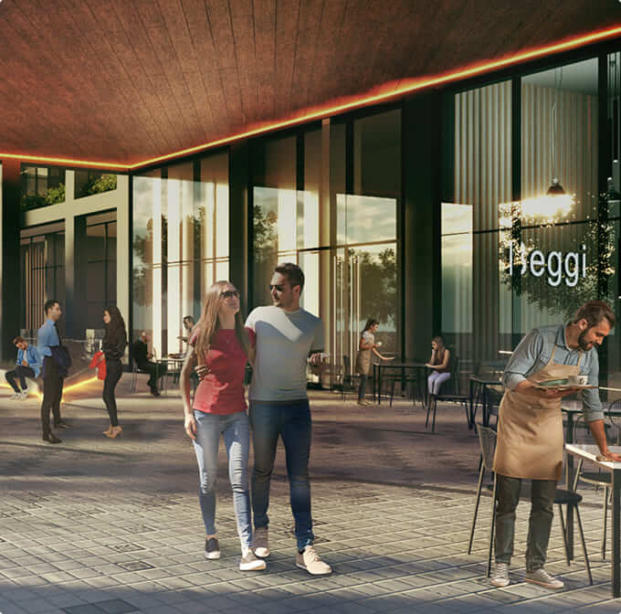 Pareja caminando frente a un café moderno con terraza. Vistas de locales y clientes disfrutando del ambiente.
